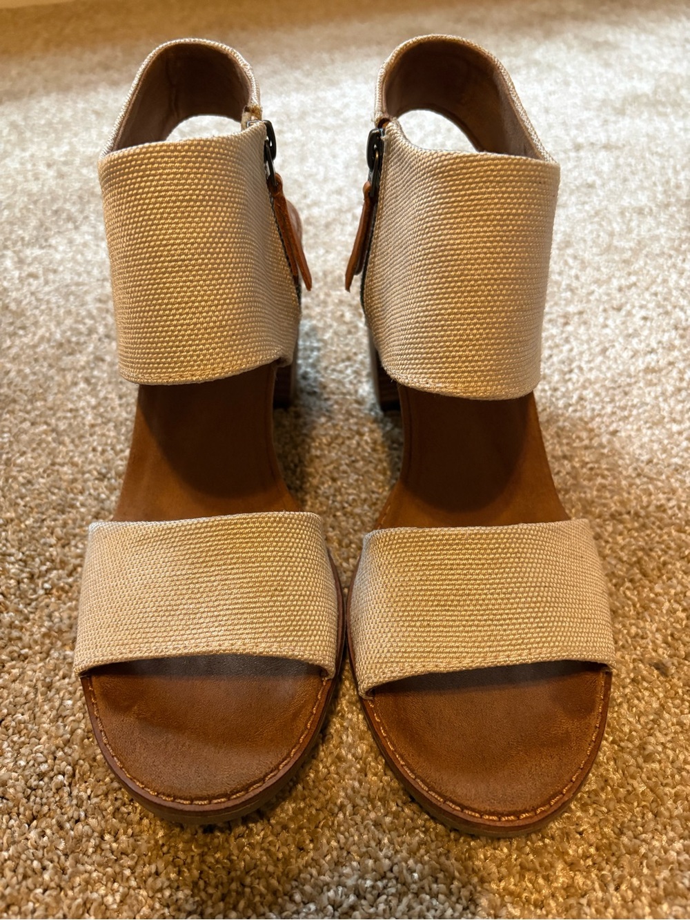 Toms Beige Canvas Block Heel Sandals